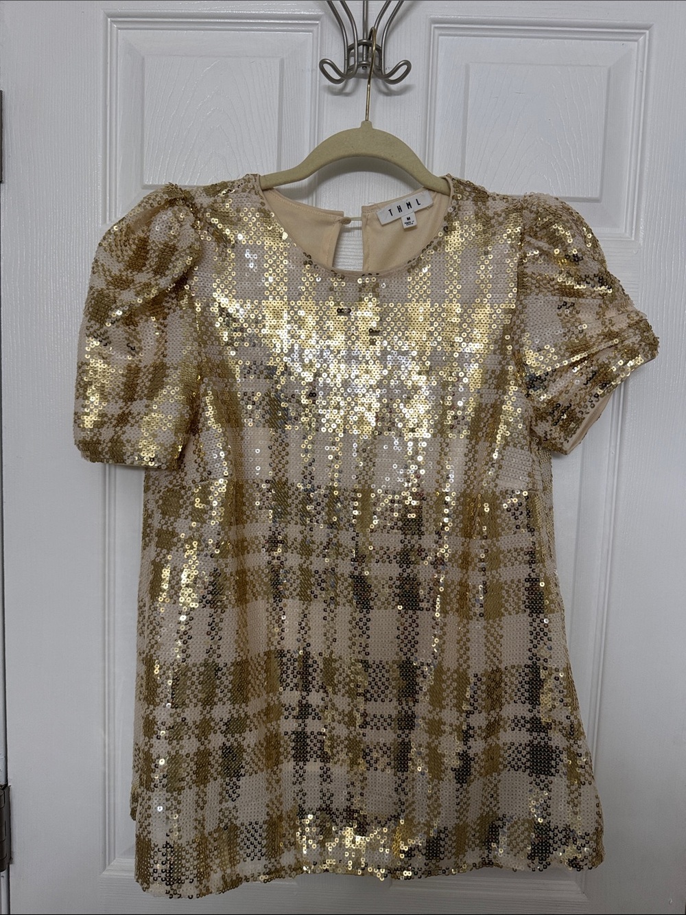 THML Gold Sequin Plaid Short Sleeve Top